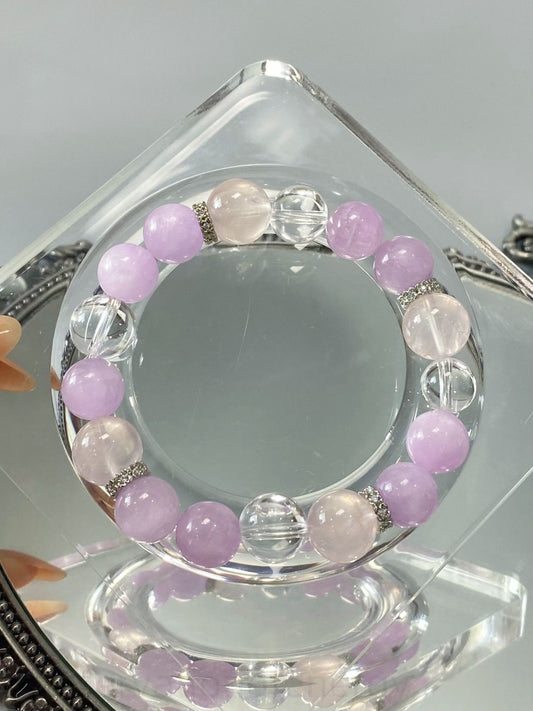 Triple Crystal Bracelet for Harmony, Love & Clarity - Kunzite, Clear Quartz, Madagascar Rose