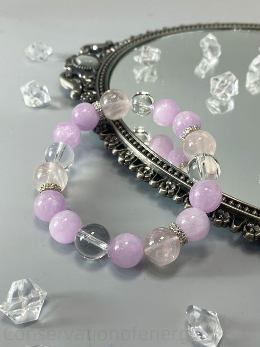 Triple Crystal Bracelet for Harmony, Love & Clarity - Kunzite, Clear Quartz, Madagascar Rose