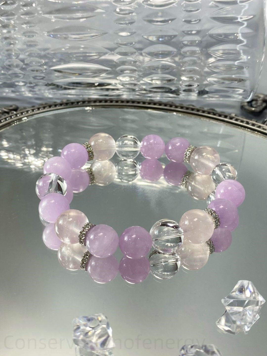 Triple Crystal Bracelet for Harmony, Love & Clarity - Kunzite, Clear Quartz, Madagascar Rose