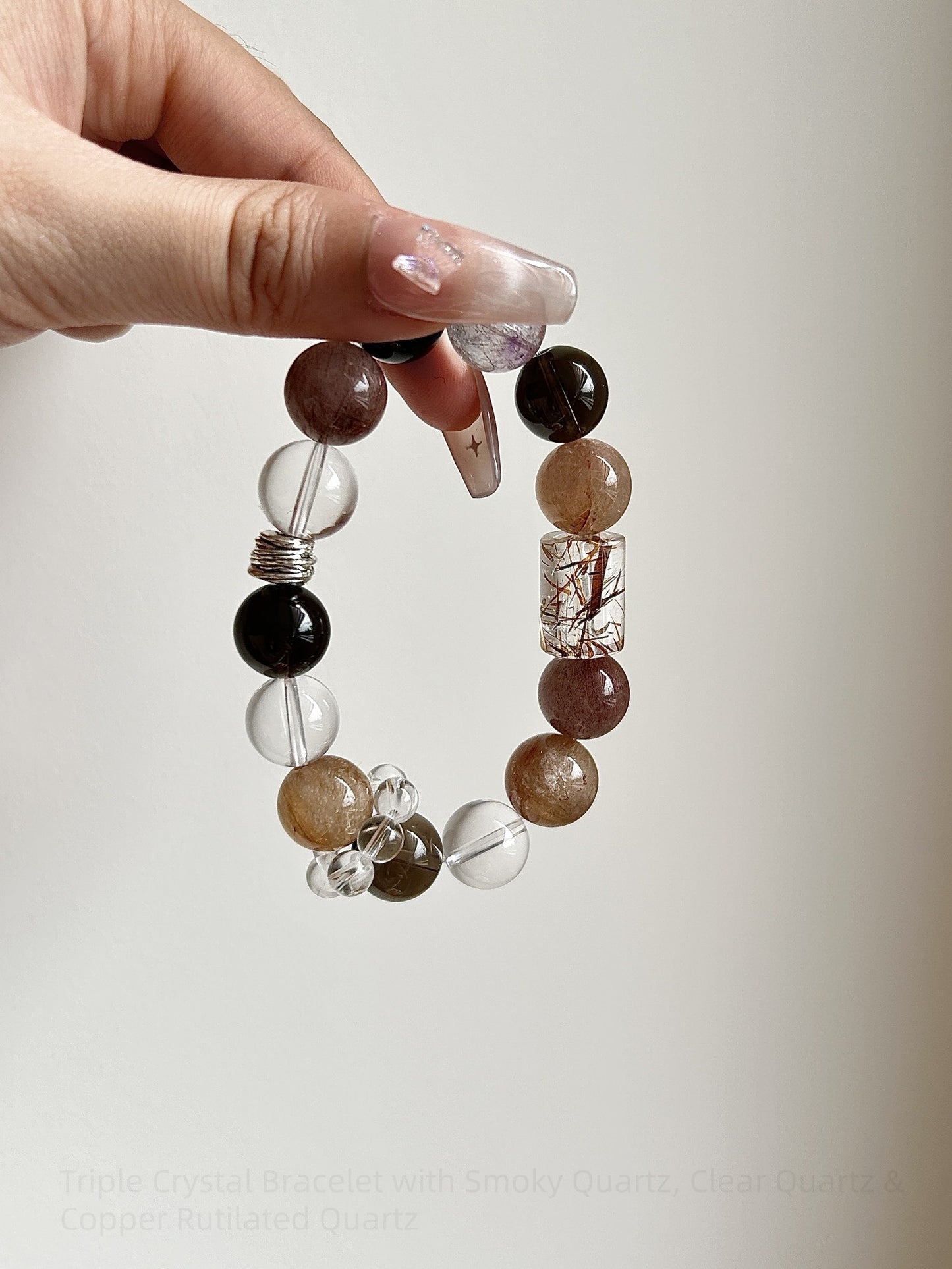 Harmonize Your Energy: Triple Crystal Bracelet with Smoky Quartz, Clear Quartz & Copper Rutilated Quartz - For Balance, Clarity & Attracting Abundance