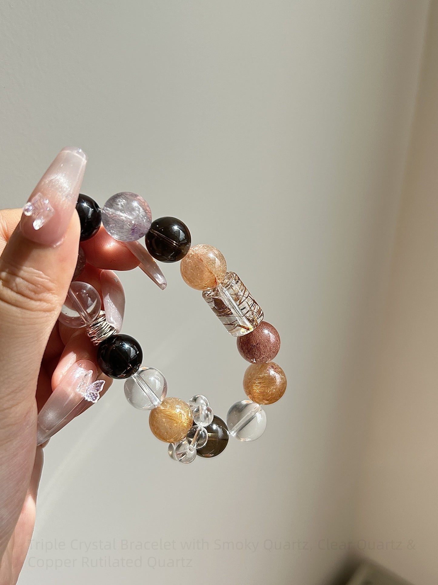 Harmonize Your Energy: Triple Crystal Bracelet with Smoky Quartz, Clear Quartz & Copper Rutilated Quartz - For Balance, Clarity & Attracting Abundance