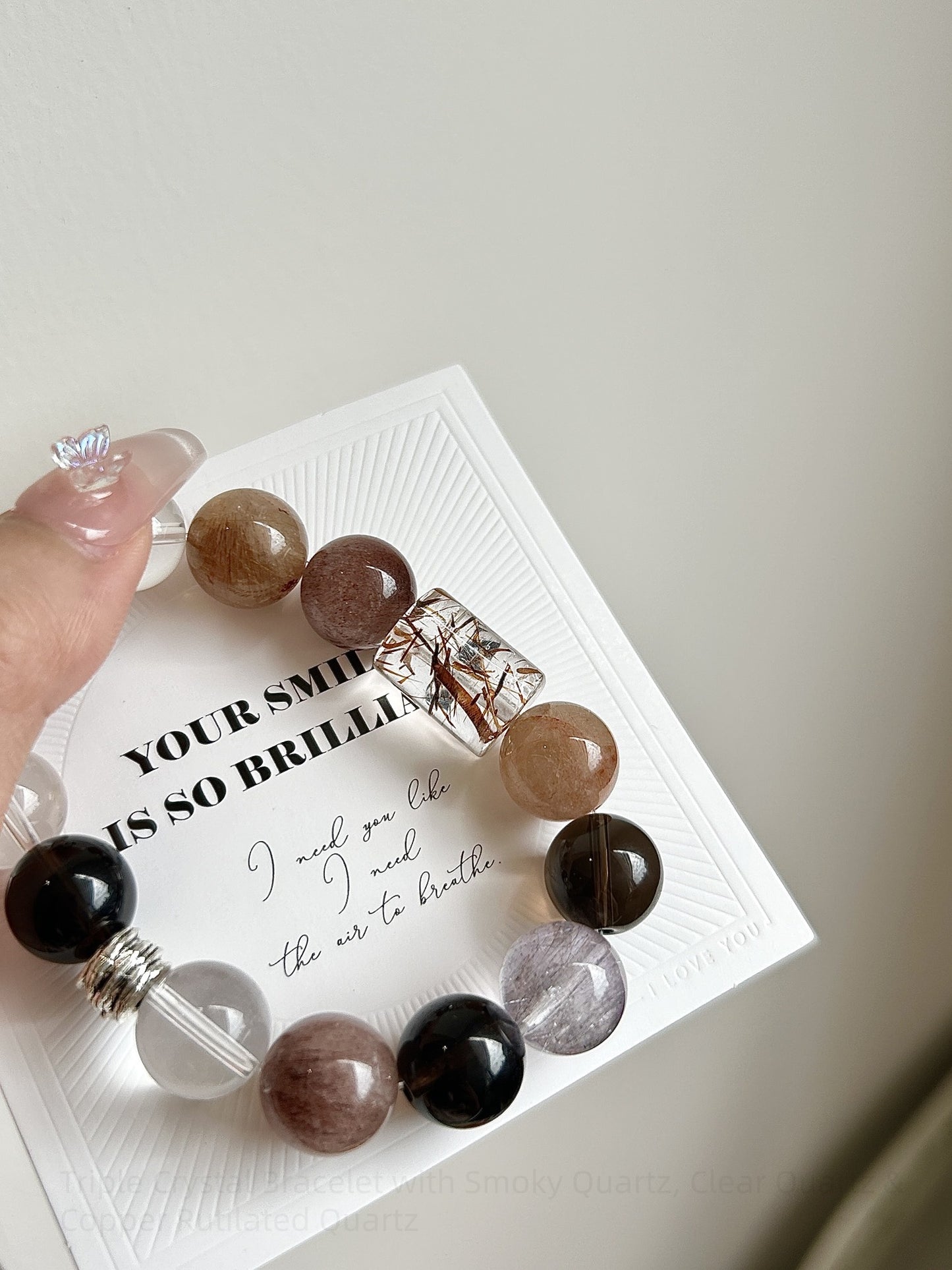 Harmonize Your Energy: Triple Crystal Bracelet with Smoky Quartz, Clear Quartz & Copper Rutilated Quartz - For Balance, Clarity & Attracting Abundance