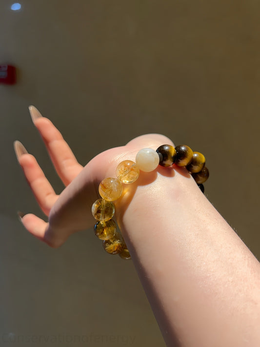Triple Power Tiger's Eye & Citrine Crystal Bracelet - Wealth, Confidence & Energy Protection | Natural Healing Stones Jewelry