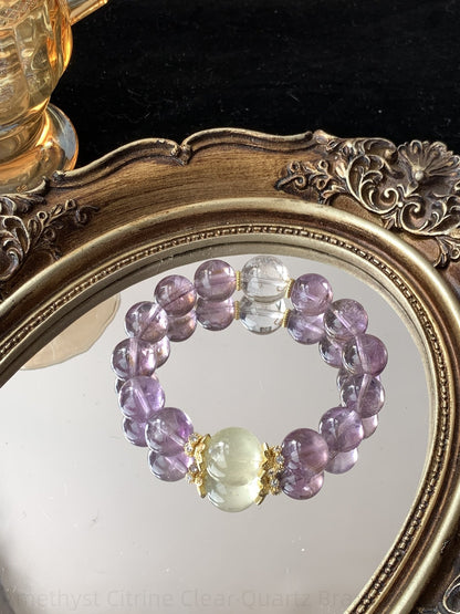 Amethyst Citrine Clear Quartz Bracelet - Triple Energy Crystal Bracelet for Positive Vibes, Wealth & Spiritual Growth