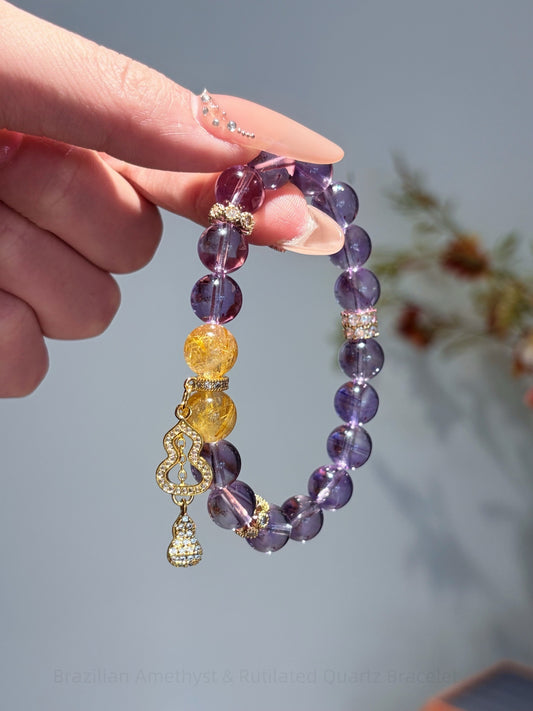 Brazilian Amethyst & Rutilated Quartz Bracelet for Balanced Energy, Confidence & Positive Vibes - Handcrafted Spiritual Jewelry