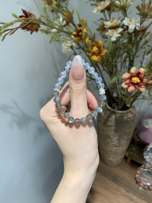 Celestial Guardians Bracelet: Moonstone & Aquamarine for Divine Feminine Energy + Throat Chakra Alignment