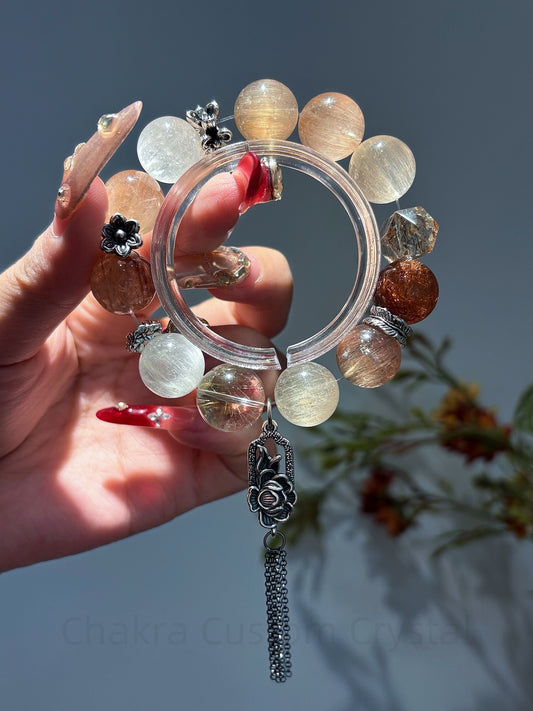 Chakra Custom Crystal Bracelet with Rutile Quartz & Black Tourmaline - Energy Balancing Jewelry for Clarity & Abundance