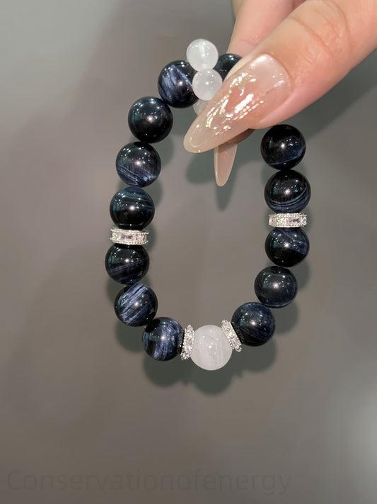 Empower Your Energy: Tri-Crystal Bracelet with Blue Tiger’s Eye, Green Phantom Quartz & Blue Moonstone for Courage, Wealth & Harmony