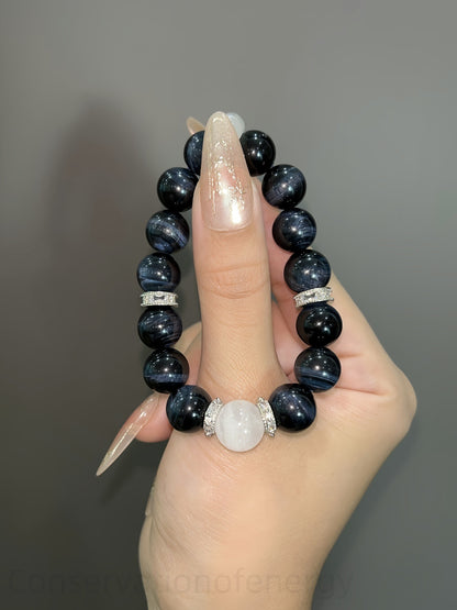 Empower Your Energy: Tri-Crystal Bracelet with Blue Tiger’s Eye, Green Phantom Quartz & Blue Moonstone for Courage, Wealth & Harmony