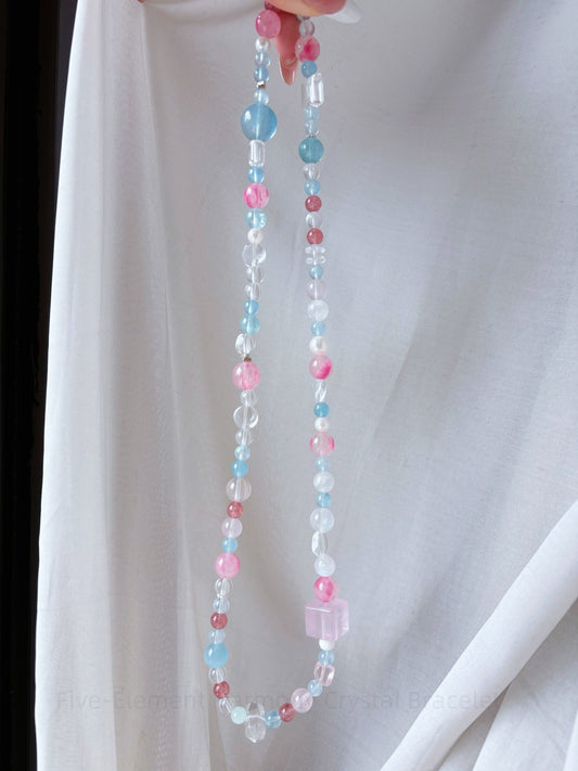 Five-Element Harmony Crystal Bracelet - Rose Quartz, Aquamarine, Strawberry Gem, Double-Terminated Quartz, Citrine