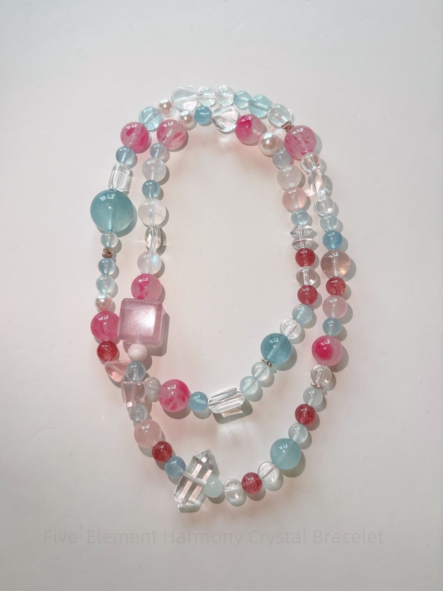 Five-Element Harmony Crystal Bracelet - Rose Quartz, Aquamarine, Strawberry Gem, Double-Terminated Quartz, Citrine