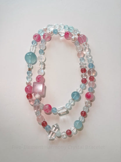 Five-Element Harmony Crystal Bracelet - Rose Quartz, Aquamarine, Strawberry Gem, Double-Terminated Quartz, Citrine