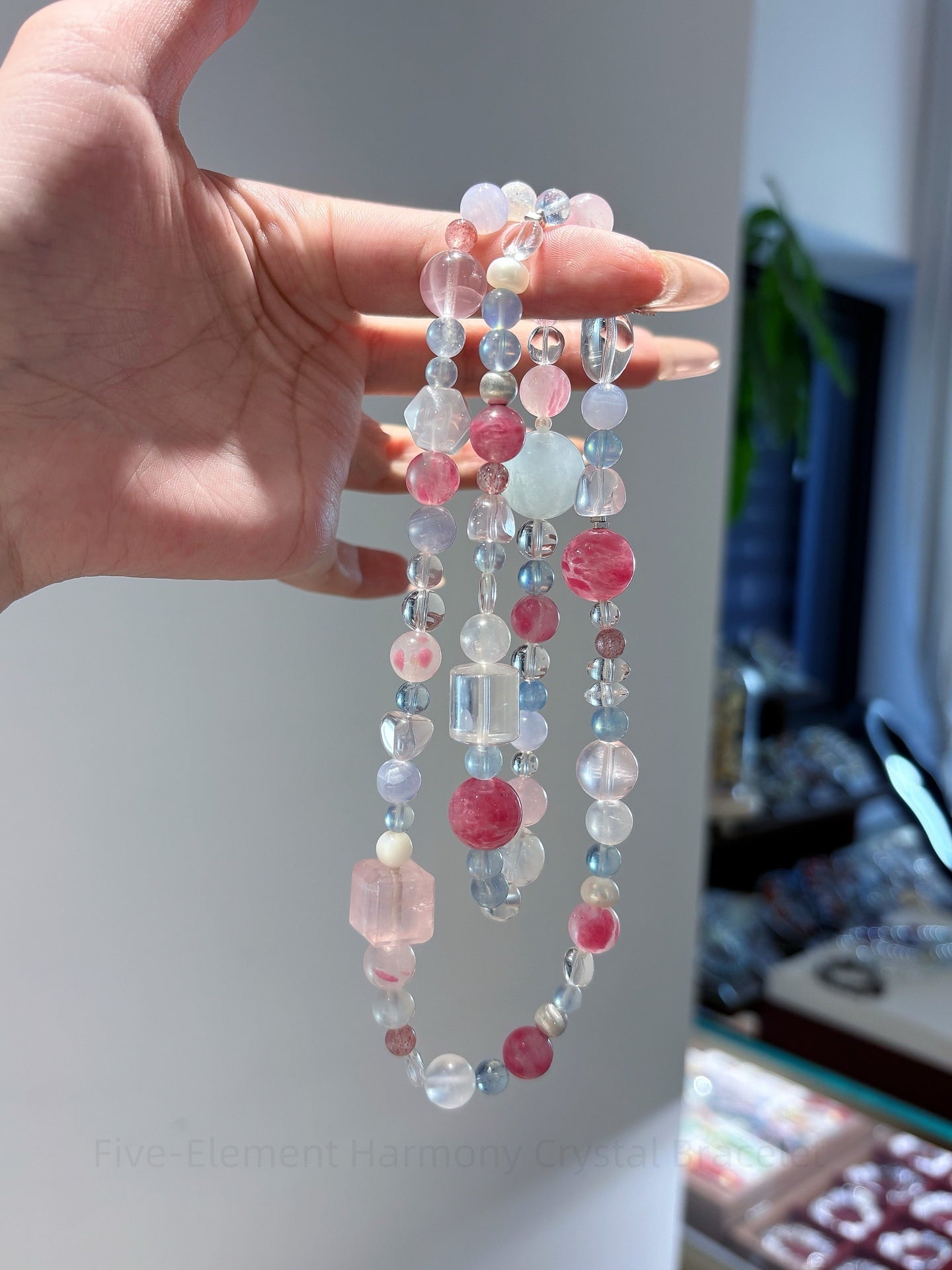 Five-Element Harmony Crystal Bracelet - Rose Quartz, Aquamarine, Strawberry Gem, Double-Terminated Quartz, Citrine