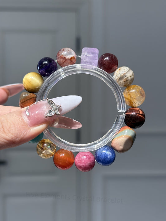 Five Elements Crystal Bracelet - Wealth, Love & Energy Balance (Water & Earth) | Layered Ghost, Red Carnelian, Tiger Eye Stone