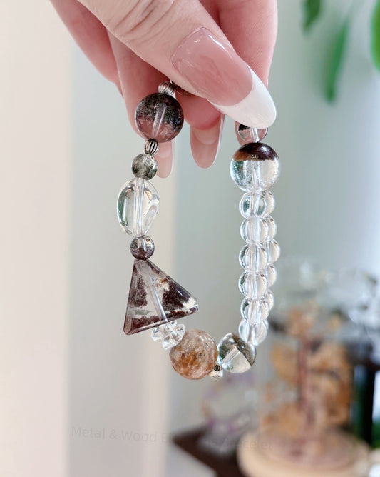 Five Elements Crystal Bracelet for Balance & Prosperity - White Crystal & Four Seasons Ghost Stone Energy Jewelry