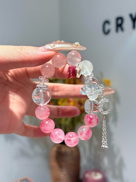 Five Elements Energy Balance Crystal Bracelet - Cherry Blossom Rain, Pink Aventurine, White Howlite & Moonstone for Harmony