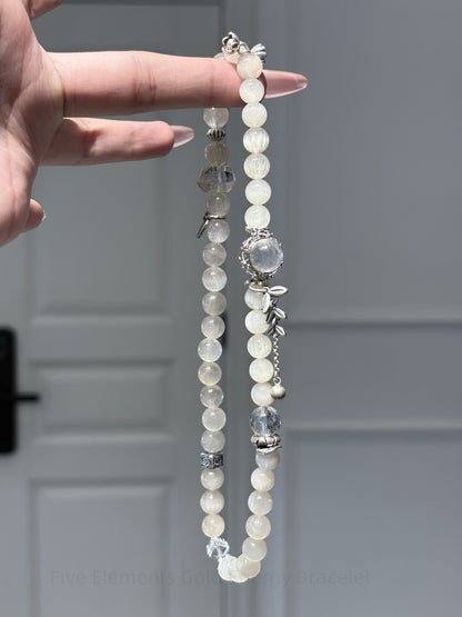 Five Elements Gold Energy Bracelet - White Phantom & Selenite Crystal for Clarity, Protection & Manifestation | Spiritual Balance Jewelry