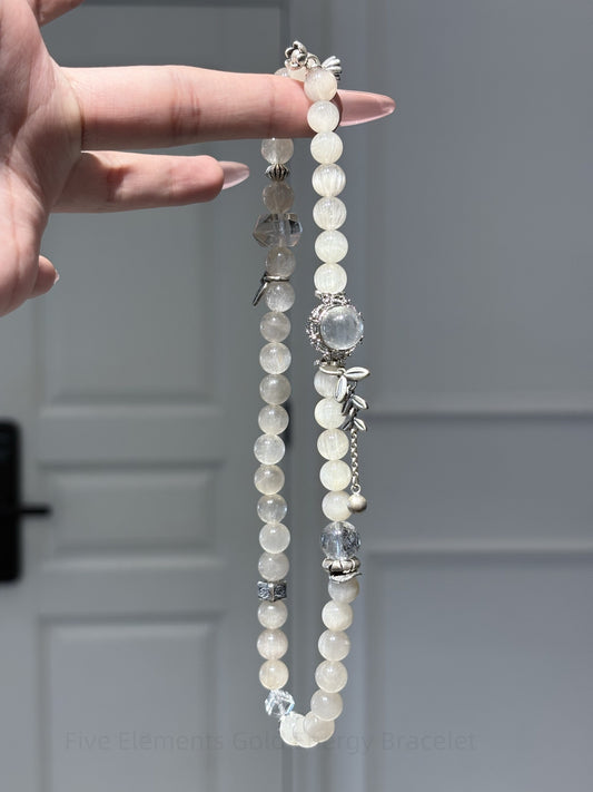 Five Elements Gold Energy Bracelet - White Phantom & Selenite Crystal for Clarity, Protection & Manifestation | Spiritual Balance Jewelry