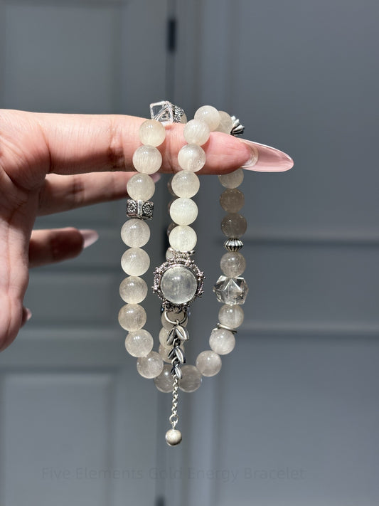 Five Elements Gold Energy Bracelet - White Phantom & Selenite Crystal for Clarity, Protection & Manifestation | Spiritual Balance Jewelry