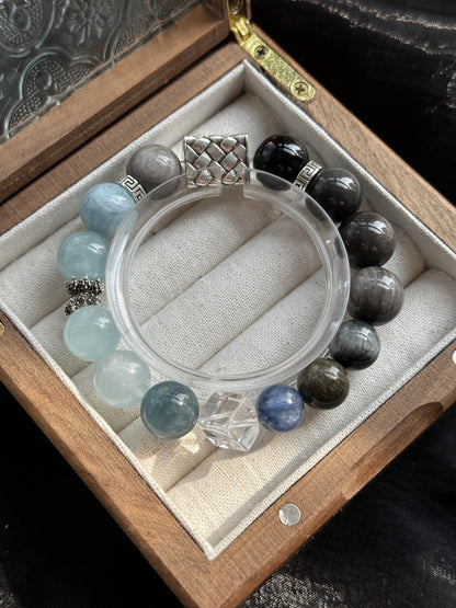 Five Elements Water Energy Crystal Bracelet - Silver Obsidian, Aquamarine, Tiger's Eye & Morganite for Protection, Communication & Inner Balance