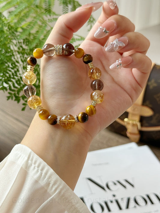 Golden Harmony Crystal Bracelet - Citrine, Tiger Eye & Smoky Quartz for Wealth, Confidence & Energy Balance