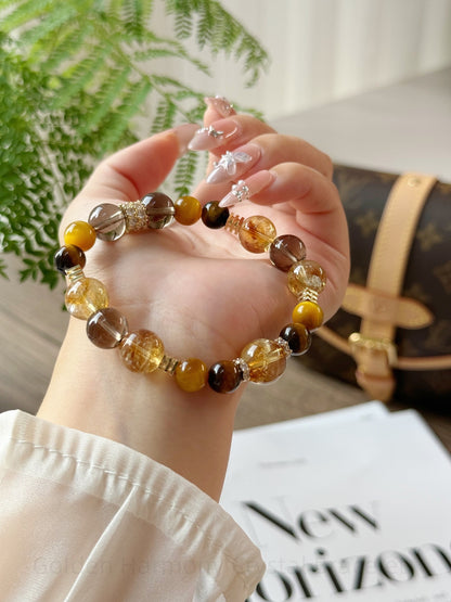 Golden Harmony Crystal Bracelet - Citrine, Tiger Eye & Smoky Quartz for Wealth, Confidence & Energy Balance