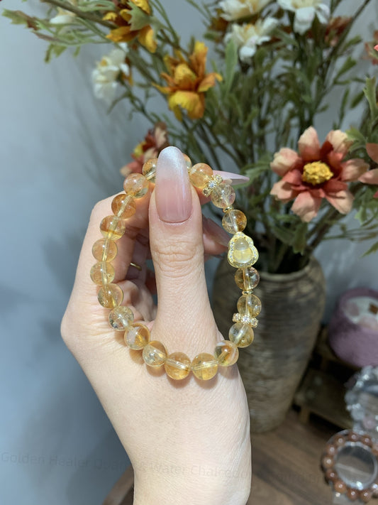 Golden Healer Quartz & Water Chalcedony Gourd Bracelet - Sacred Geometry Energy Amplifier for Prosperity Flow