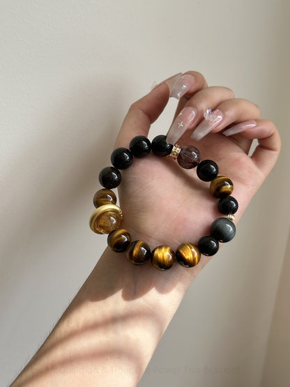 Golden Obsidian & Tiger Eye Power Trio Bracelet - Grounding Protection, Courage & Abundance Energy