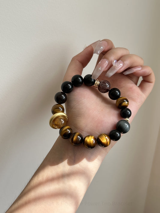 Golden Obsidian & Tiger Eye Power Trio Bracelet - Grounding Protection, Courage & Abundance Energy