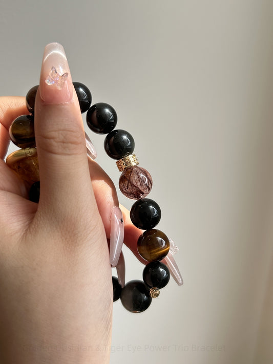 Golden Obsidian & Tiger Eye Power Trio Bracelet - Grounding Protection, Courage & Abundance Energy