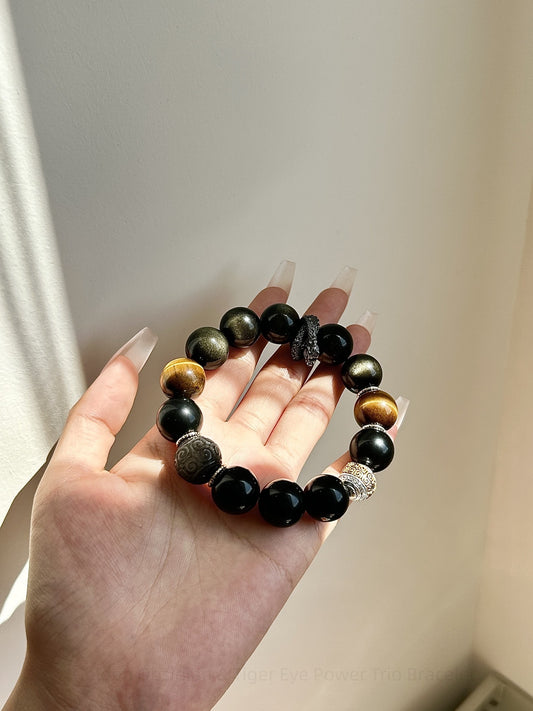Golden Obsidian & Tiger Eye Power Trio Bracelet - Grounding Protection + Leadership Energy
