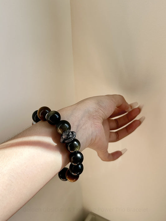 Golden Obsidian & Tiger Eye Power Trio Bracelet - Grounding Protection + Leadership Energy