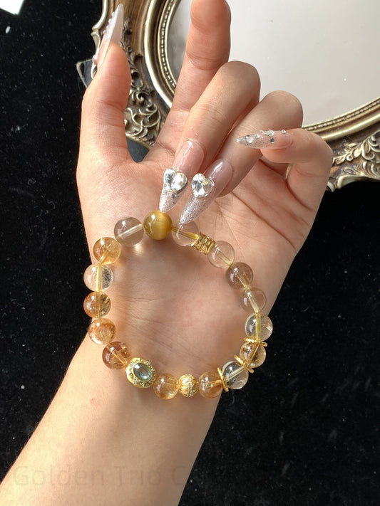 Golden Trio Crystal Bracelet - Citrine, Tiger Eye & Yellow Prasiolite for Abundance, Confidence & Spiritual Balance