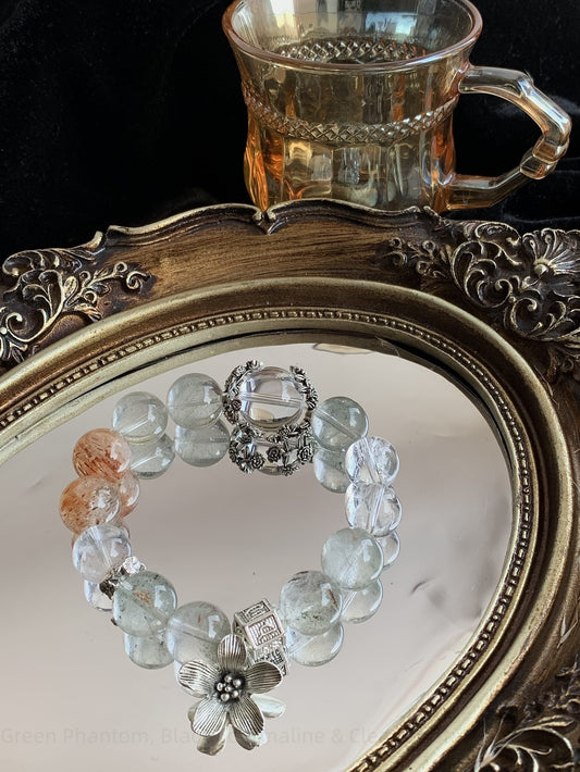 Green Phantom, Black Tourmaline & Clear Crystal Bracelet - Wealth Attracting, Energy Balancing & Protection Chakra Bracelet