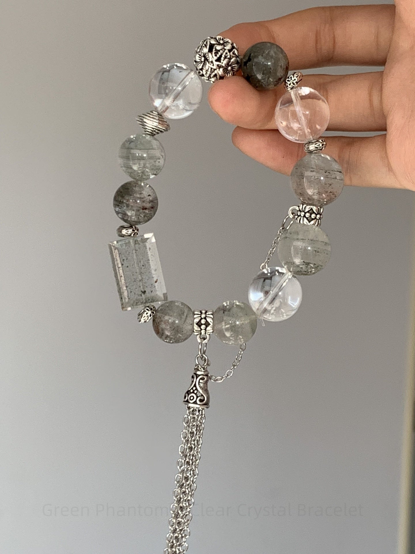 Green Phantom & Clear Crystal Bracelet for Prosperity, Harmony & Clarity  Adjustable Natural Gemstone Gift for Women & Men