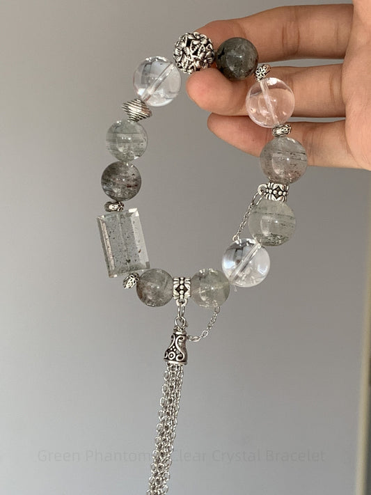 Green Phantom & Clear Crystal Bracelet for Prosperity, Harmony & Clarity  Adjustable Natural Gemstone Gift for Women & Men