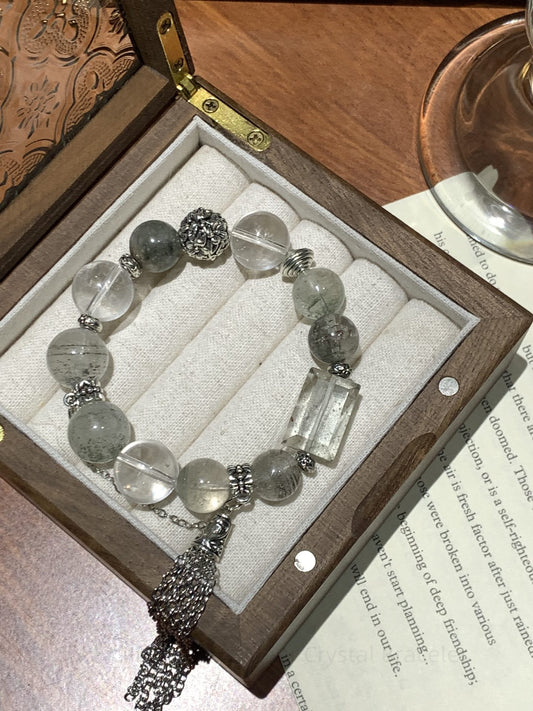 Green Phantom & Clear Crystal Bracelet for Prosperity, Harmony & Clarity  Adjustable Natural Gemstone Gift for Women & Men