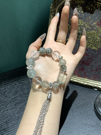 Green Phantom & Clear Crystal Bracelet for Prosperity, Harmony & Clarity  Adjustable Natural Gemstone Gift for Women & Men