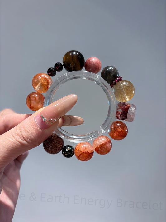Handmade Fire & Earth Five Elements Crystal Bracelet - Wealth, Courage, Energy Protection w/ Tiger Eye, Garnet, Golden Rutilated Quartz