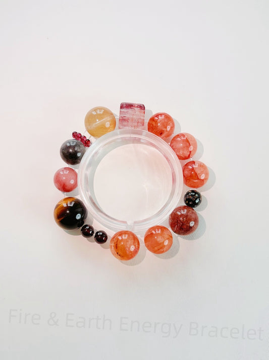 Handmade Fire & Earth Five Elements Crystal Bracelet - Wealth, Courage, Energy Protection w/ Tiger Eye, Garnet, Golden Rutilated Quartz