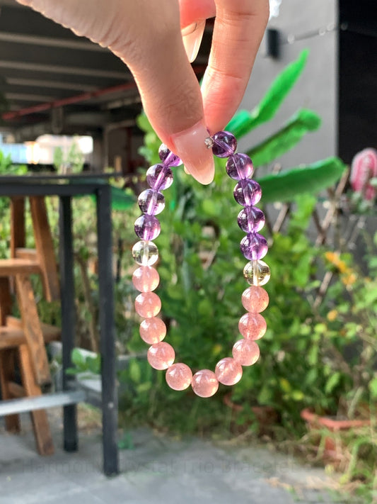 Harmony Crystal Trio Bracelet: Uruguayan Amethyst, Citrine & Red Strawberry Quartz for Creative Energy, Confidence & Loving Vibes