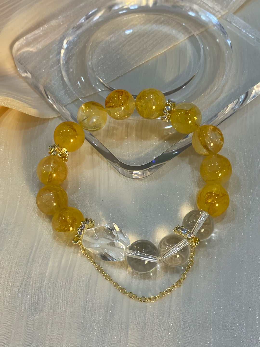 Harmony & Prosperity Bracelet: Honey Phantom Quartz & Clear Crystal Energy Balance Jewelry for Wealth, Clarity & Protection