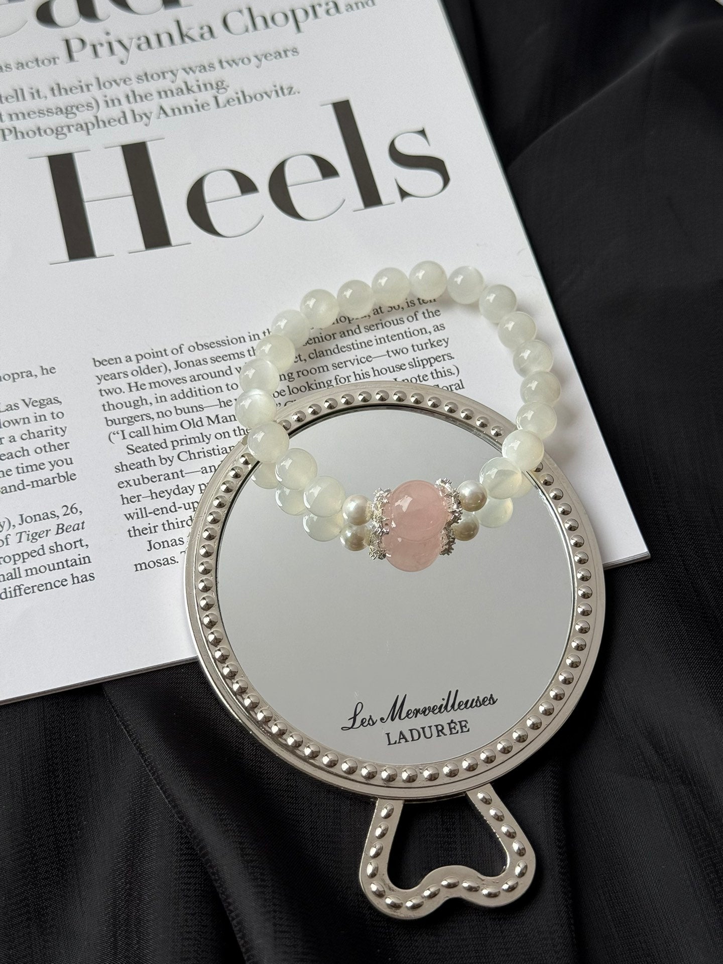Moonstone & Rose Quartz Chakra Bracelet for Crown & Heart Energy - Five Elements Metal-Fire Design Spiritual Harmony Jewelry