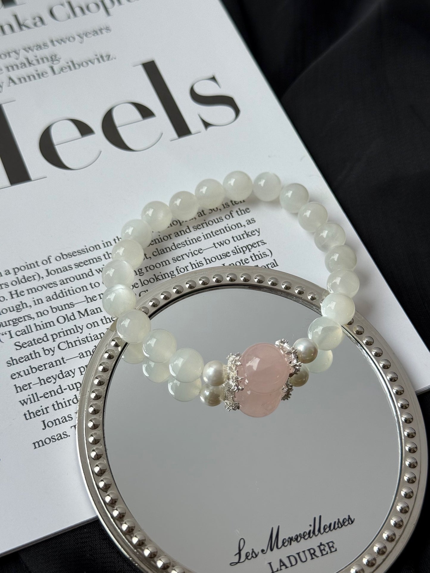 Moonstone & Rose Quartz Chakra Bracelet for Crown & Heart Energy - Five Elements Metal-Fire Design Spiritual Harmony Jewelry