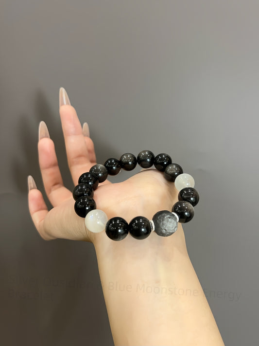 Silver Obsidian & Blue Moonstone Energy Bracelet - Celestial Protection & Divine Feminine Flow