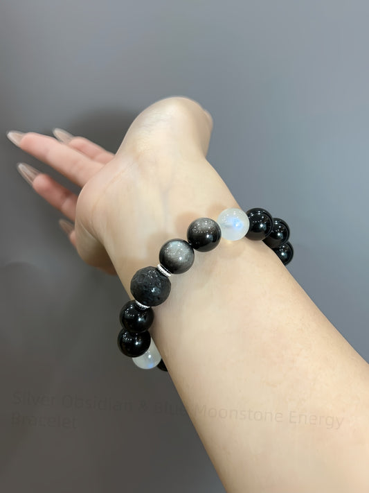 Silver Obsidian & Blue Moonstone Energy Bracelet - Celestial Protection & Divine Feminine Flow