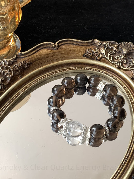 Smoky & Clear Quartz Energy Bracelet - Focus Booster, Spiritual Balance, Protection Stone Jewelry for Positive Vibes