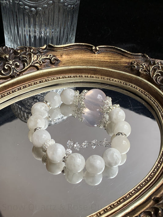 Snow Quartz & Rose Quartz Bracelet for Harmony, Love & Positive Energy | Spiritual Crystal Jewelry