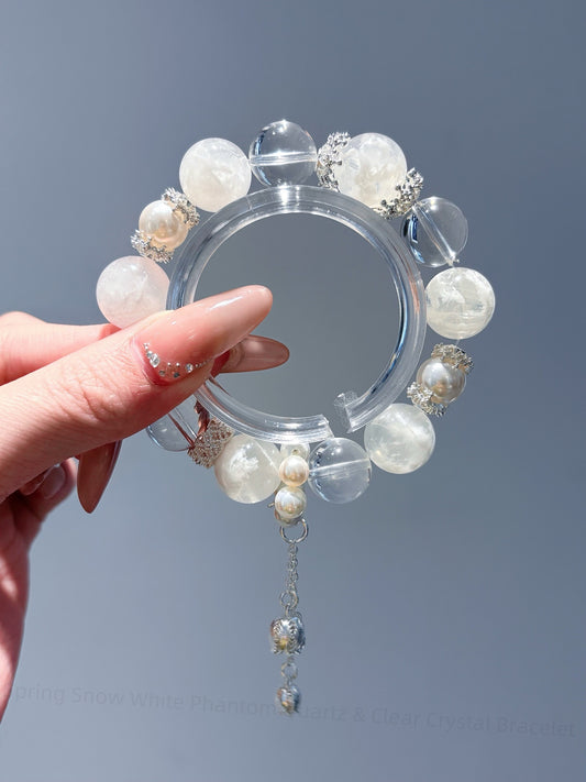 Spring Snow White Phantom Quartz & Clear Crystal Bracelet - Energy Amplifier Bracelet for Clarity, Wealth & Spiritual Balance