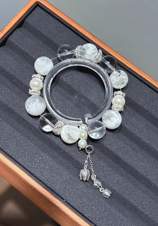 Spring Snow White Phantom Quartz & Clear Crystal Bracelet - Energy Amplifier Bracelet for Clarity, Wealth & Spiritual Balance
